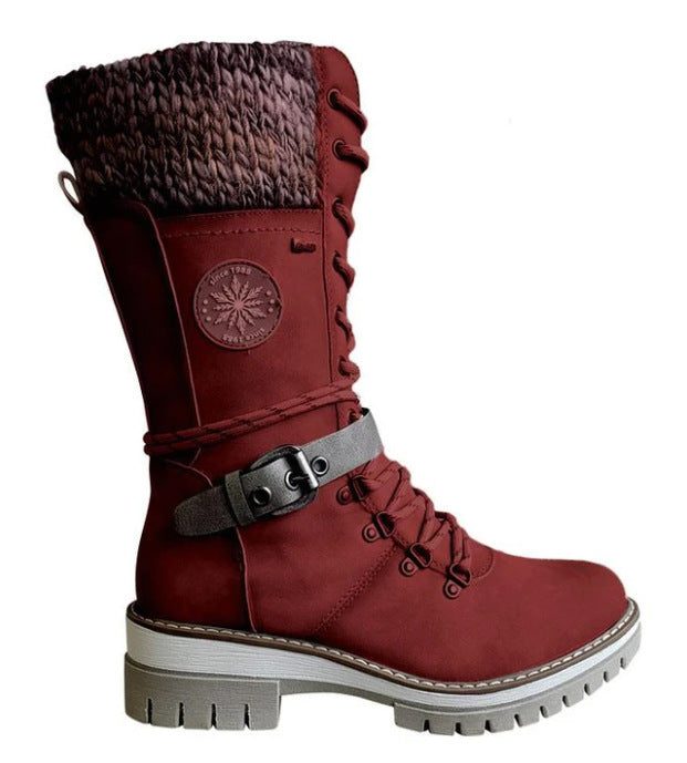 Damen nan gefütterte Schnürstiefel mit gestricktem Schaftbund, dekorativem Schnallenriemen und profilierter Gummisohle Drune