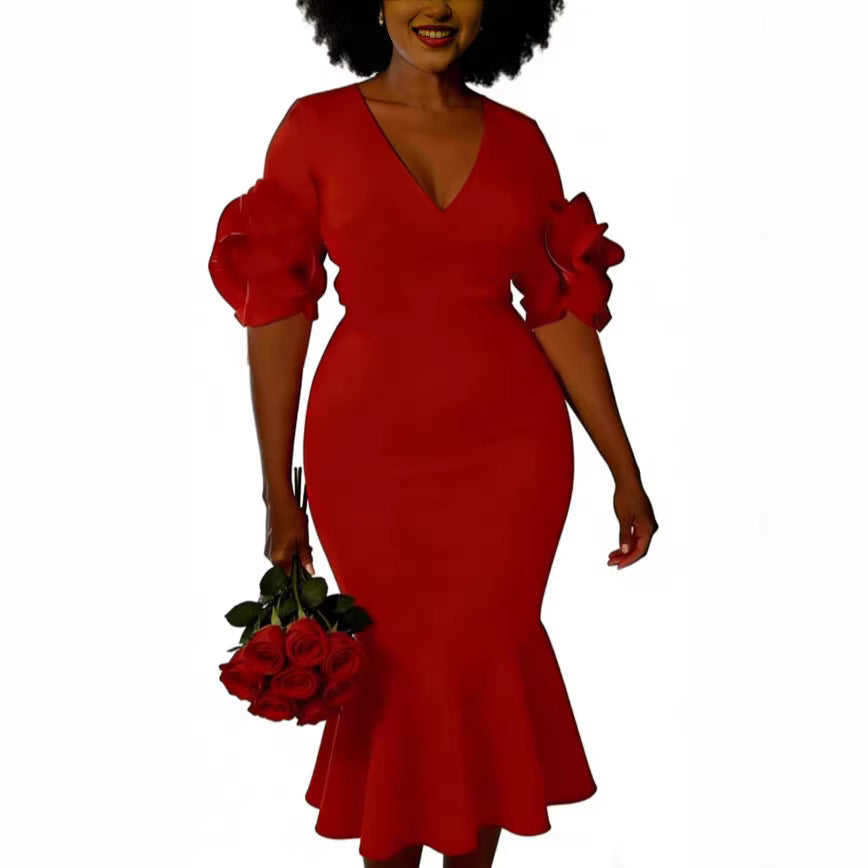 Damen figurbetontes Kleid mit Volantärmeln und Spitzen-Akzenten Drune