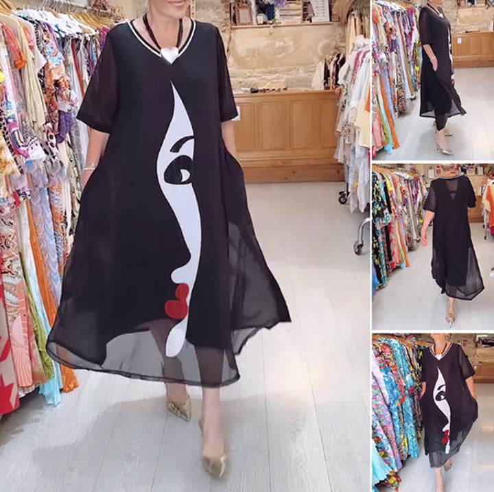Damen nan luftiges Chiffon-Maxikleid mit grafischem Gesichtsprint, V-Ausschnitt und seitlichen Eingrifftaschen Drune
