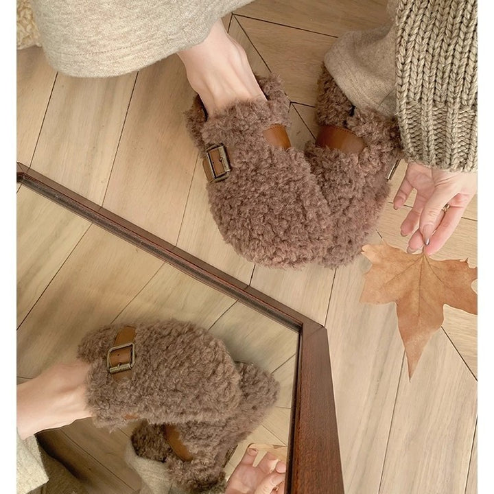 Damen Gefütterte Teddy-Flausch Mules mit verstellbarer Metallschnalle und Fersenriemen Drune