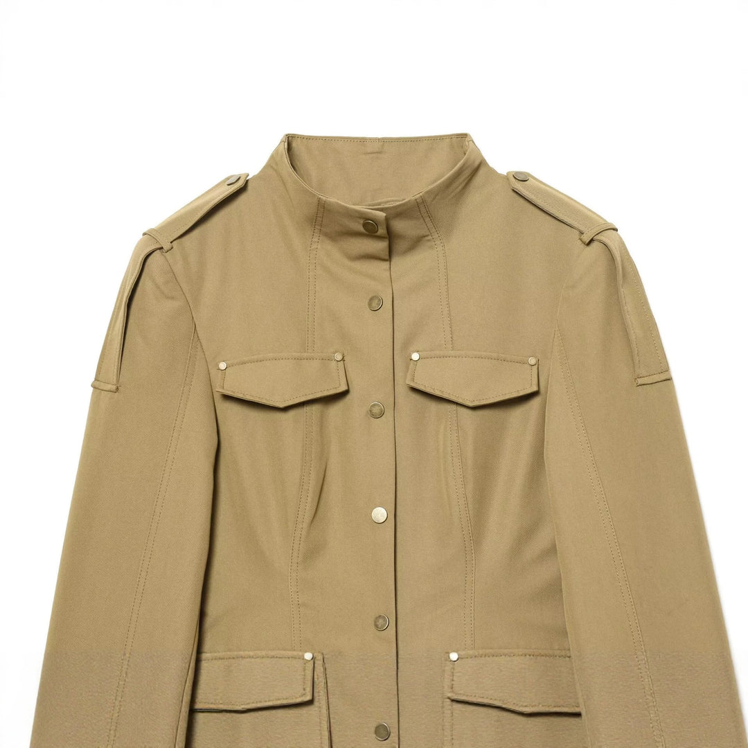 Damen Utility-Jacke mit Stehkragen, Pattentaschen und Schulterklappen Drune
