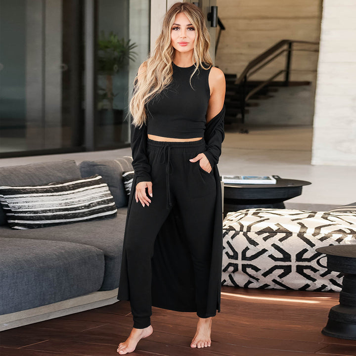 Damen Dreiteiliges Lounge-Set aus weichem Viskosemix mit Longcardigan, Crop-Top und Jogginghose Drune