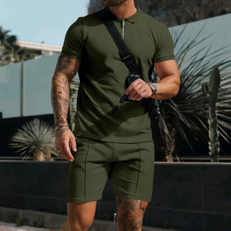 Herren nan sportives Poloshirt- und Chino-Shorts-Set mit halbem Reißverschluss, strukturiertem Jersey und dezenter Bügelfalte Drune
