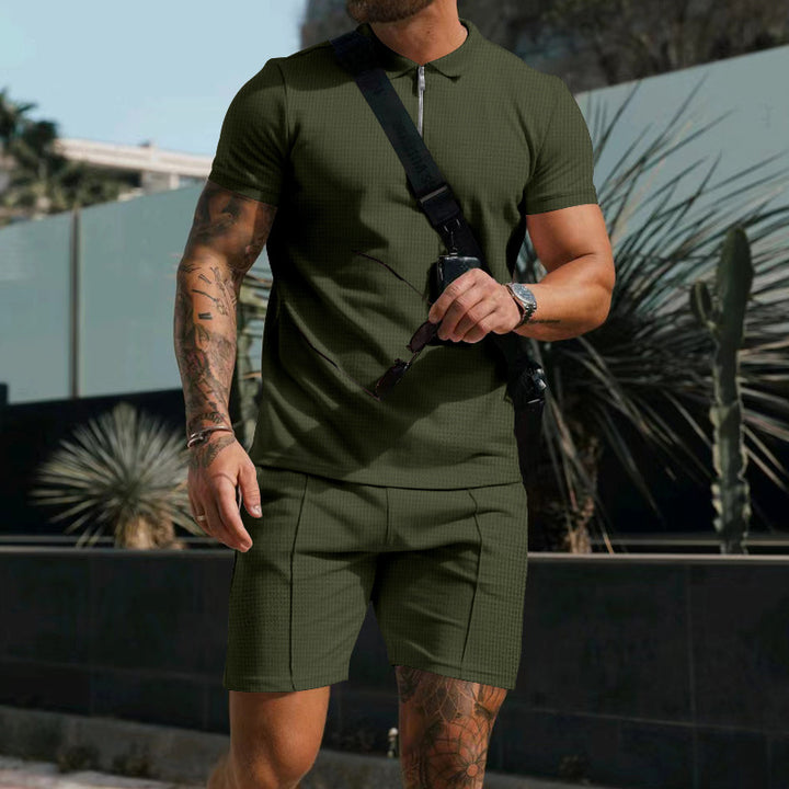 Herren nan sportives Poloshirt- und Chino-Shorts-Set mit halbem Reißverschluss, strukturiertem Jersey und dezenter Bügelfalte Drune