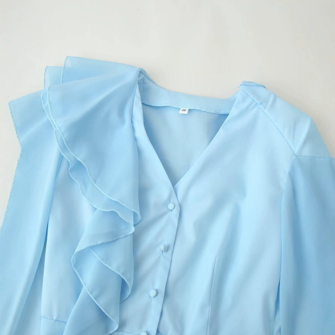Damen Rüschenbluse mit Stehkragen, Volantdetails und Taillengürtel Drune