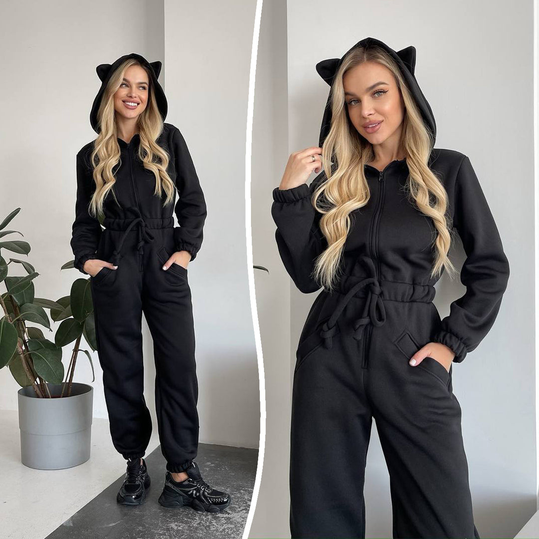 Damen Kuscheliger Kapuzen-Overall mit Katzenohren und Taillenzug Drune
