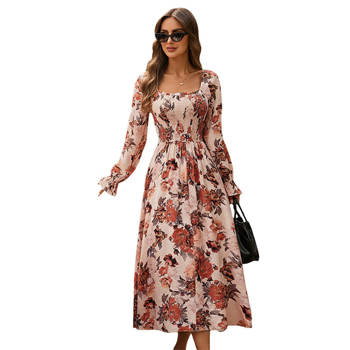 Damen Midikleid mit quadratischem Ausschnitt, smockierter Taille und langen Ballonärmeln Drune