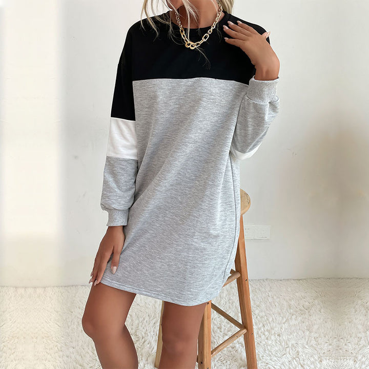 Damen Kurz geschnittenes Colorblock-Sweatshirtkleid aus Baumwollmix mit Rundhalsausschnitt Drune