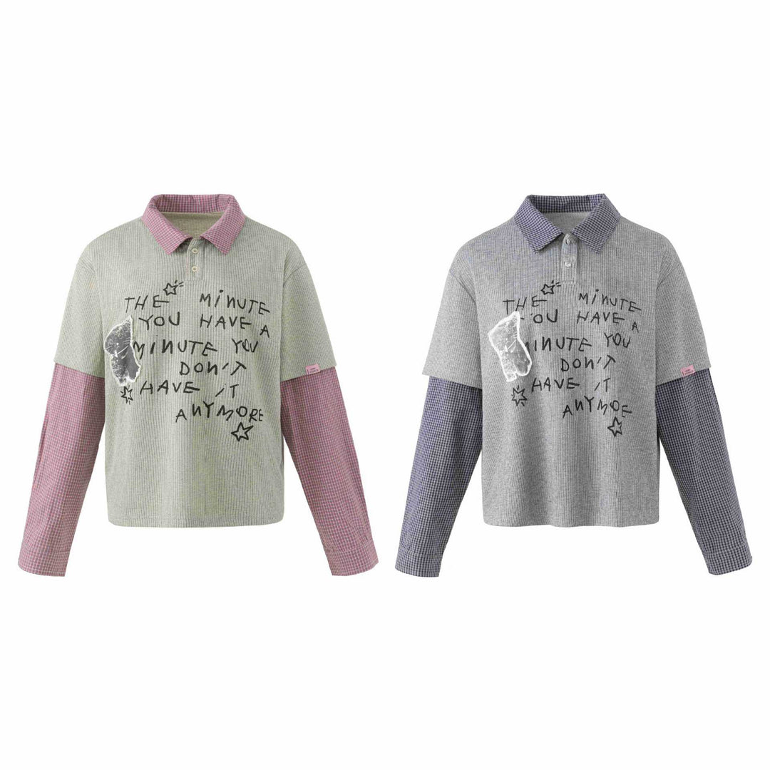 Unisex Lagenlook Strick-Poloshirt mit karierter Einsatzärmeln und Statement-Print Drune