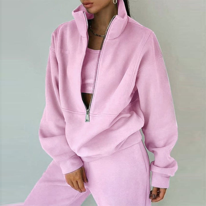 Damen nan kurzes Halbzip-Sweatshirt-und-Jogginghose-Set mit Stehkragen, oversized Schnitt und weichem French-Terry Drune