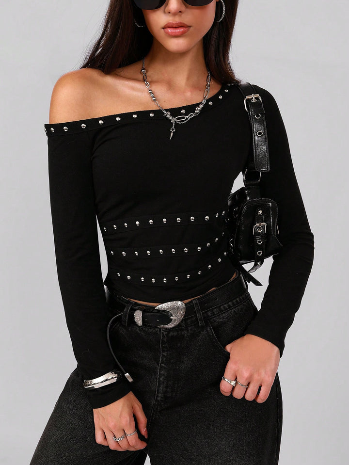Damen nan asymmetrisches schulterfreies Langarmshirt mit Nietenbesatz und tailliertem Schnitt Drune