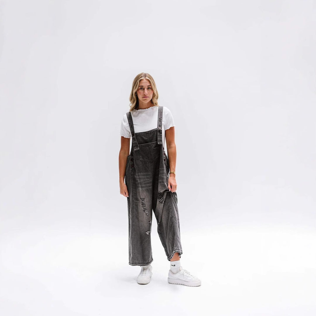 Damen nan lässige verwaschene Latzhose aus Jeansstoff mit Rissen und weitem Bein Drune