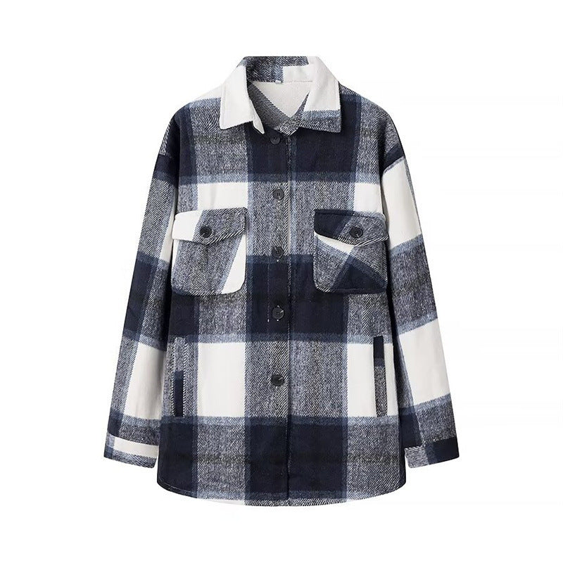 Damen Karo-Übergangs‑Shacket aus weichem Flanell mit aufgesetzten Brusttaschen Drune