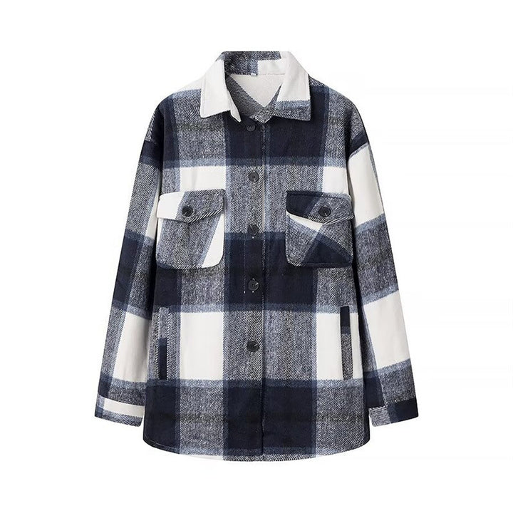 Damen Karo-Übergangs‑Shacket aus weichem Flanell mit aufgesetzten Brusttaschen Drune