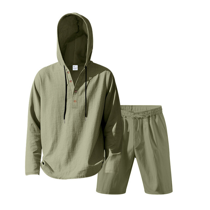 Herren nan Kapuzen-Henley-Loungewear-Set mit Leinenoptik, Kordelzug und elastischer Tunnelzugshorts Drune