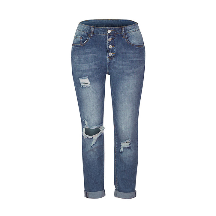Damen Skinny-Jeans mit hoher Knopfleiste und lässigem Ripped-Used-Look Drune