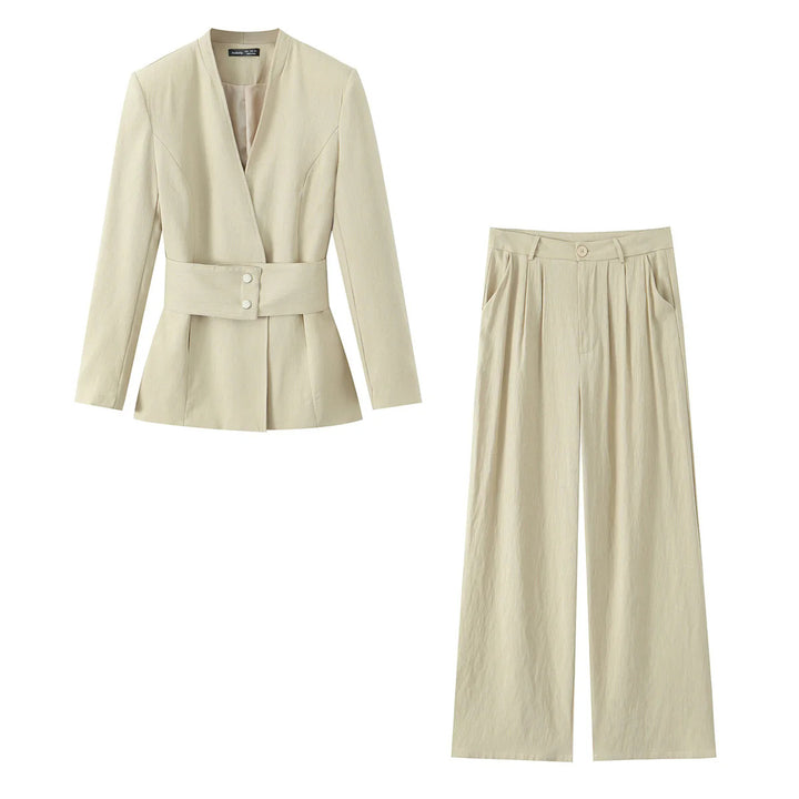 Damen nan zweiteiliges Blazer‑Set mit tailliertem Bindegürtel und hochgeschnittener weiter Bundfaltenhose Drune