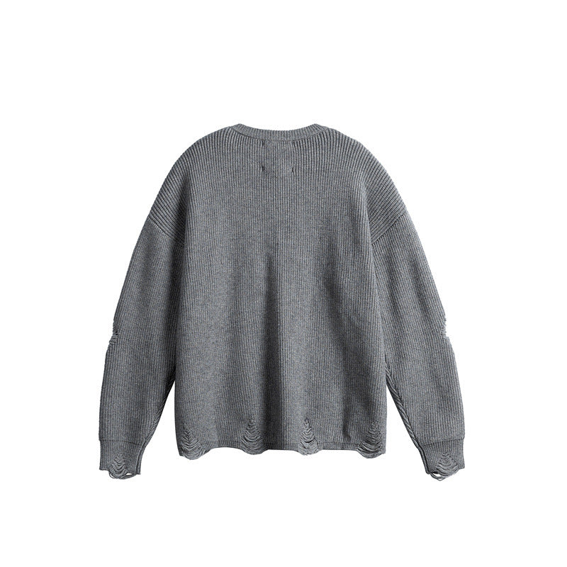 Unisex Oversize Strickpullover mit Destroyed Details und Statement Print Drune