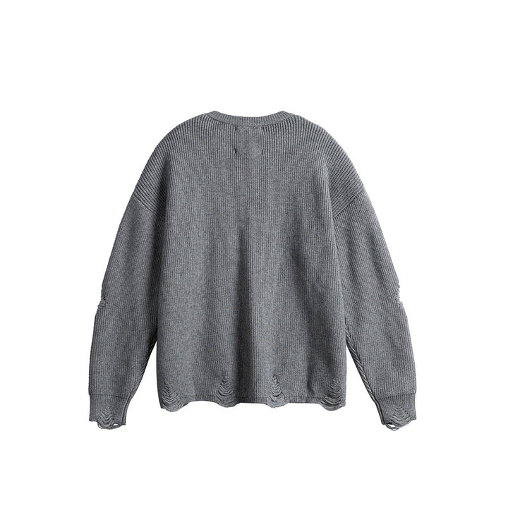 Unisex Oversize Strickpullover mit Destroyed Details und Statement Print Drune