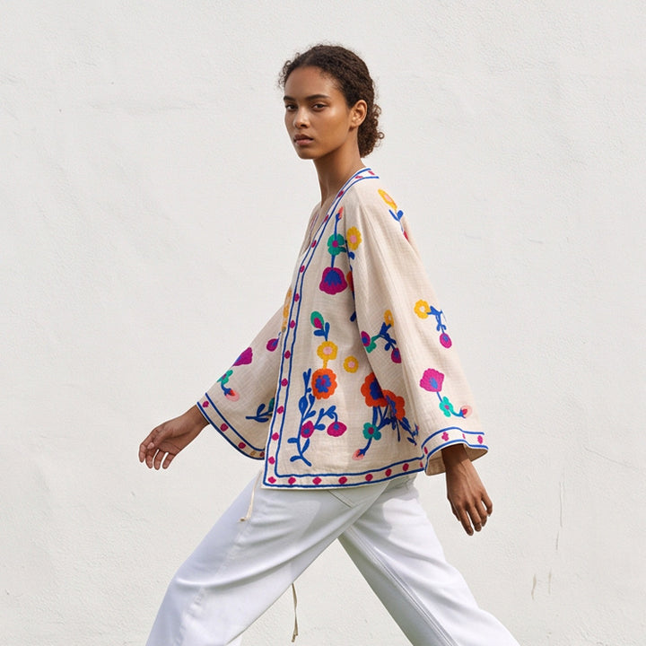 Damen bestickte Leinen‑Überwurfjacke mit folkloristischen Blumenapplikationen Drune