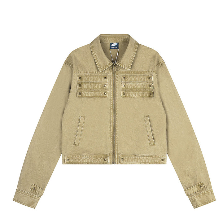 Damen Kurz geschnittene Canvas-Jacke mit Hemdkragen und Pyramidennieten Drune