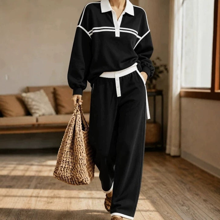 Damen Lounge-Set aus weichem Jersey mit Polokragen, Kontraststreifen und weiter Jogpant Drune