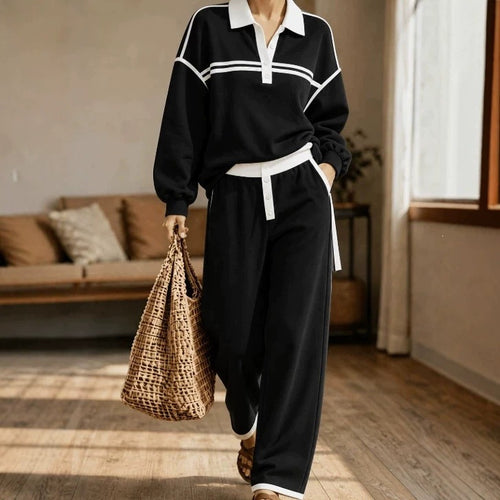 Damen Lounge-Set aus weichem Jersey mit Polokragen, Kontraststreifen und weiter Jogpant Drune
