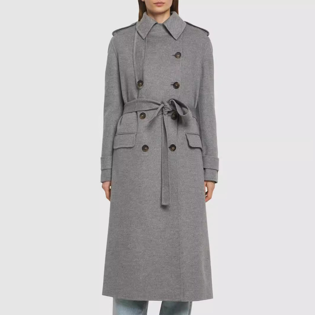 Damen Midilanger Taillierter Doppelreiher‑Trenchcoat aus Wollmix mit ausgestelltem Saum Drune