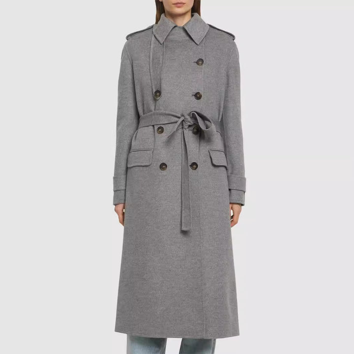 Damen Midilanger Taillierter Doppelreiher‑Trenchcoat aus Wollmix mit ausgestelltem Saum Drune