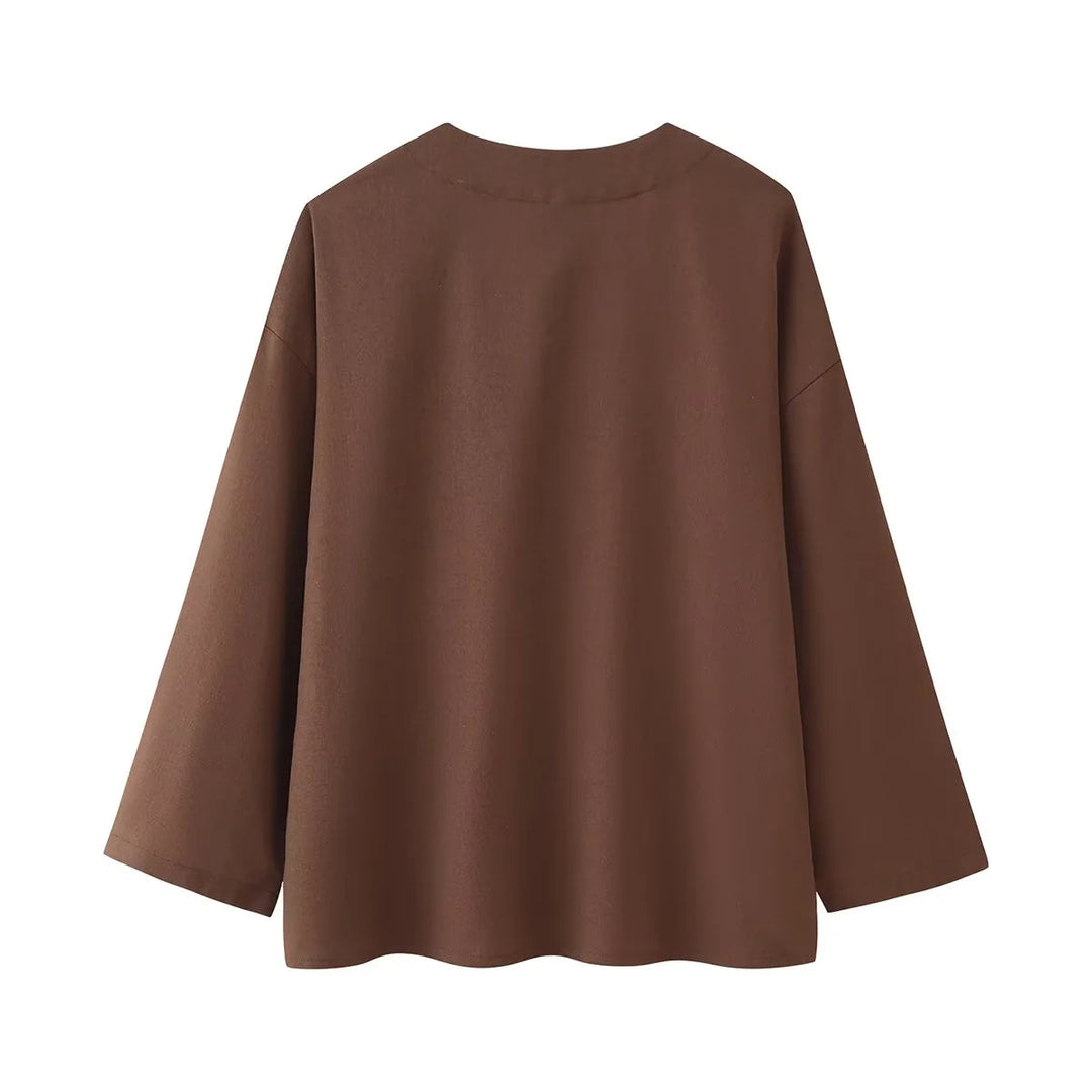 Damen nan lässiges Zweiteiler-Set mit V‑Ausschnitt Bluse und weitem Bundhose Drune