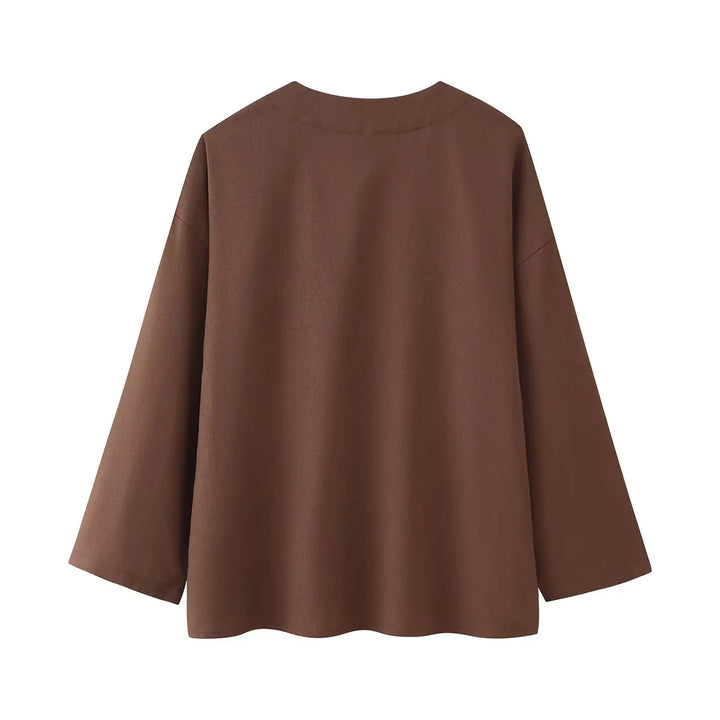 Damen nan lässiges Zweiteiler-Set mit V‑Ausschnitt Bluse und weitem Bundhose Drune