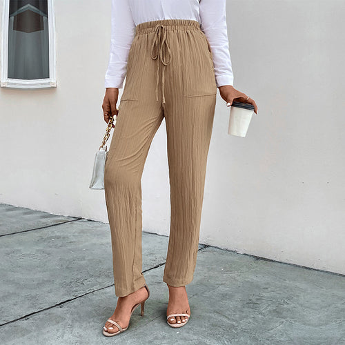 Damen Leichte Crinkle-Hose mit hohem Elastikbund, Tunnelzug und aufgesetzten Taschen Drune