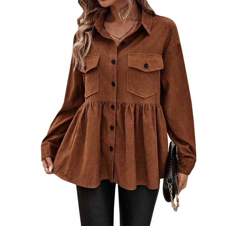 Damen Cord-Peplum-Bluse mit Hemdkragen aufgesetzten Brusttaschen und durchgehender Knopfleiste Drune
