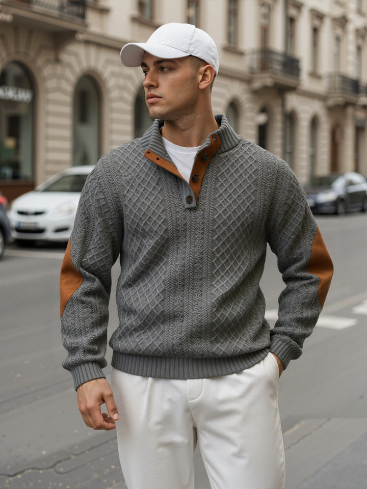 Herren Troyer-Pullover mit Stehkragen, strukturierter Strickoptik und Kontrast-Ellbogenpatches Drune