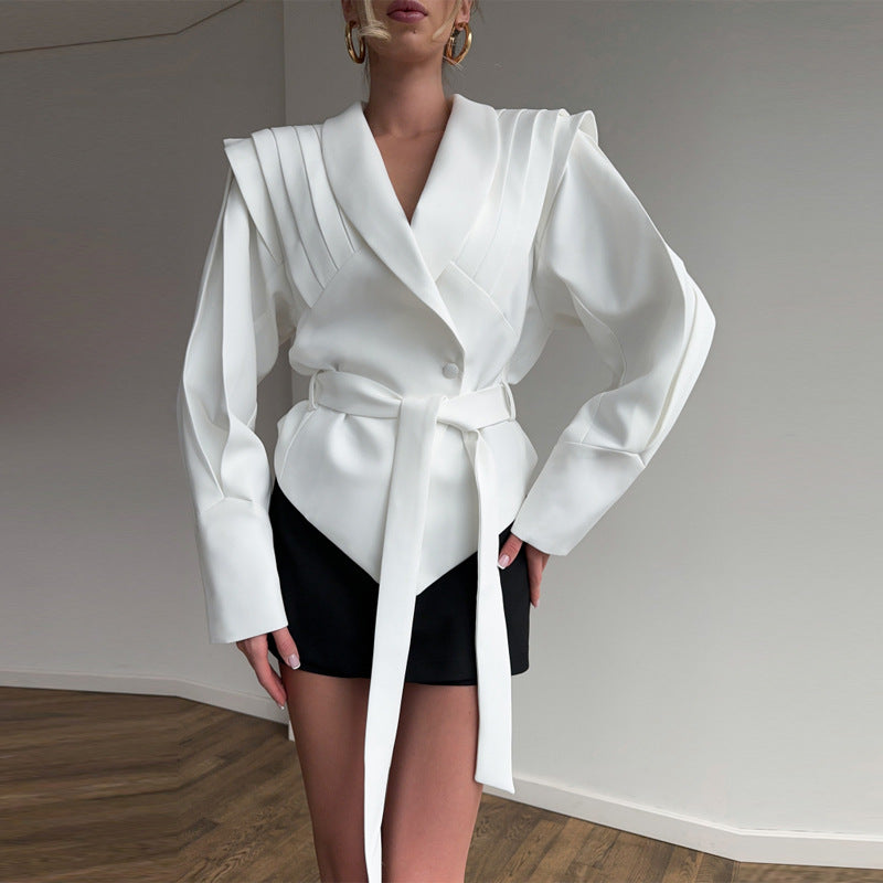 Damen Couture Blazer mit elegantem Kragen und Taillengürtel Drune