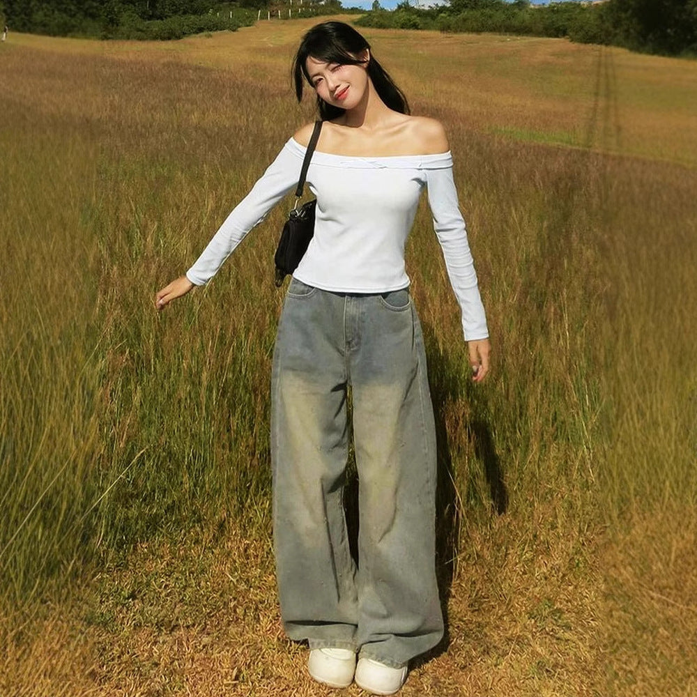 Damen Off-Shoulder Langarmoberteil mit zartem Rüschenbesatz Drune