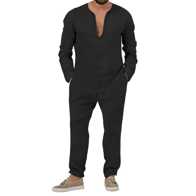 Herren lässiges Leinen-Outfit mit tiefem V-Ausschnitt und elastischem Bund Drune
