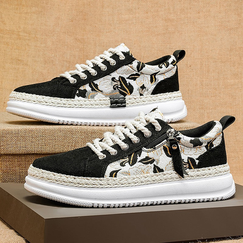 Damen gestickte Espadrille-Plateau-Sneaker mit floralem Jacquard, geflochtener Kordelsohle und gepolstertem Innenfutter Drune