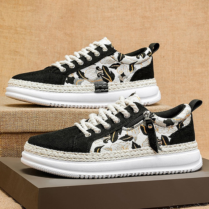 Damen gestickte Espadrille-Plateau-Sneaker mit floralem Jacquard, geflochtener Kordelsohle und gepolstertem Innenfutter Drune