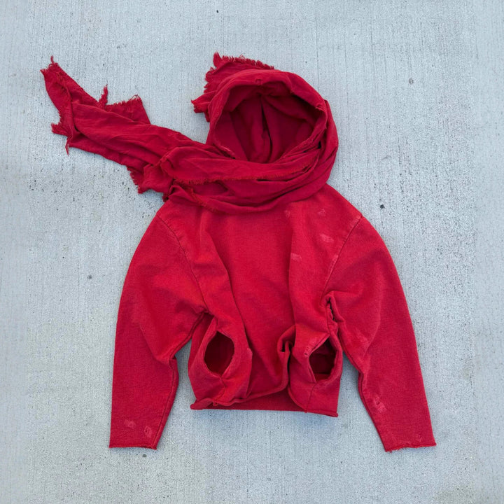 Unisex nan Kapuzenpullover im Gebrauchsspurenstil mit angeschlossenem Schlauchschal und ausgefransten Öffnungen Drune