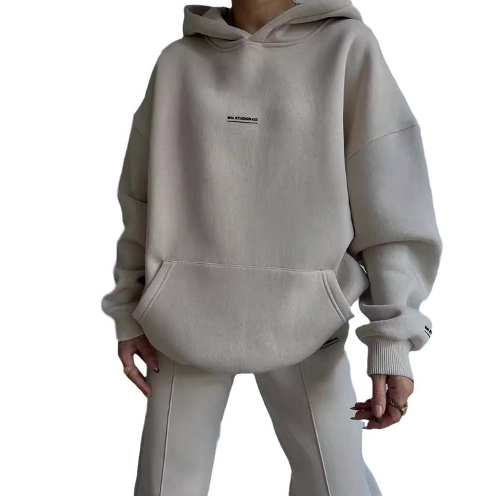 Damen Set Schwere French‑Terry Oversize‑Kapuzenpullover mit Kängurutasche und Slim‑Jogginghose Drune