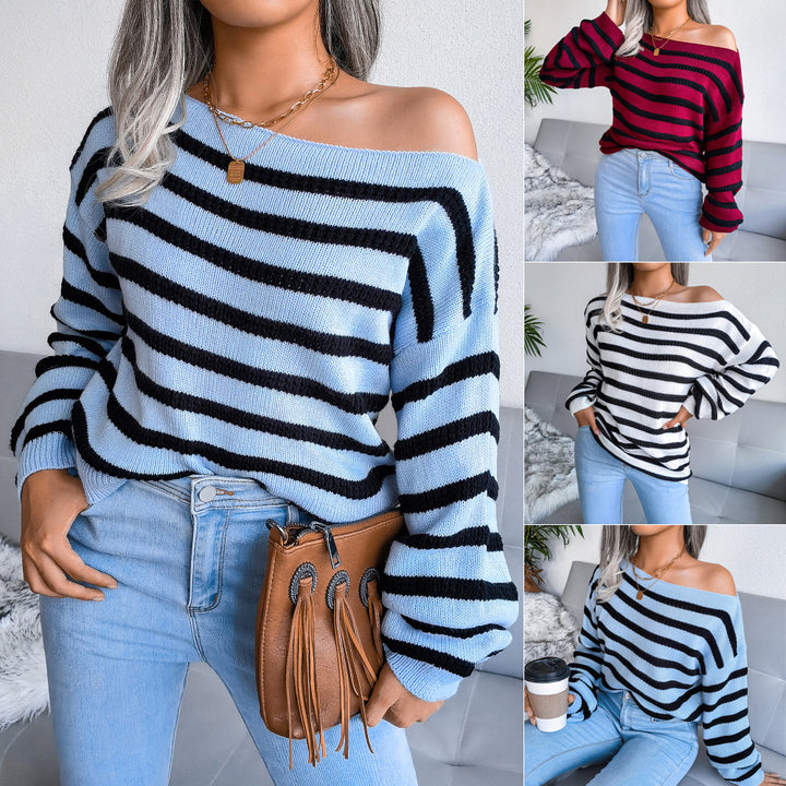 Damen Off-Shoulder Streifenpullover mit lässigem Schnitt Drune