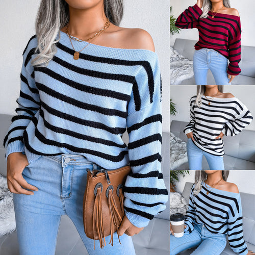Damen Off-Shoulder Streifenpullover mit lässigem Schnitt Drune