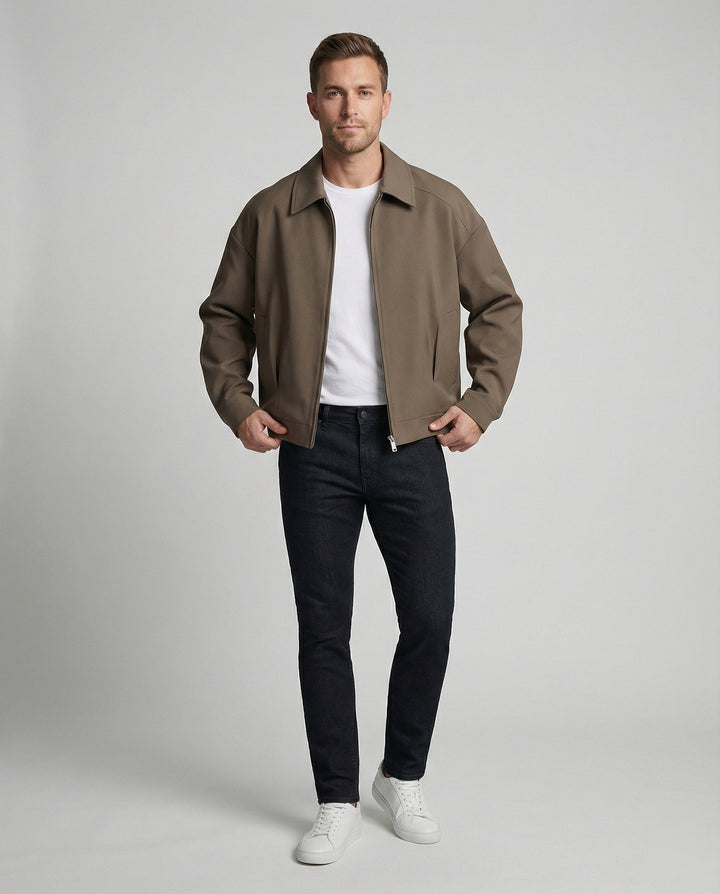 Herren minimalistische Bomberjacke mit Stehkragen, verdecktem Reißverschluss und elastischem Saum Drune