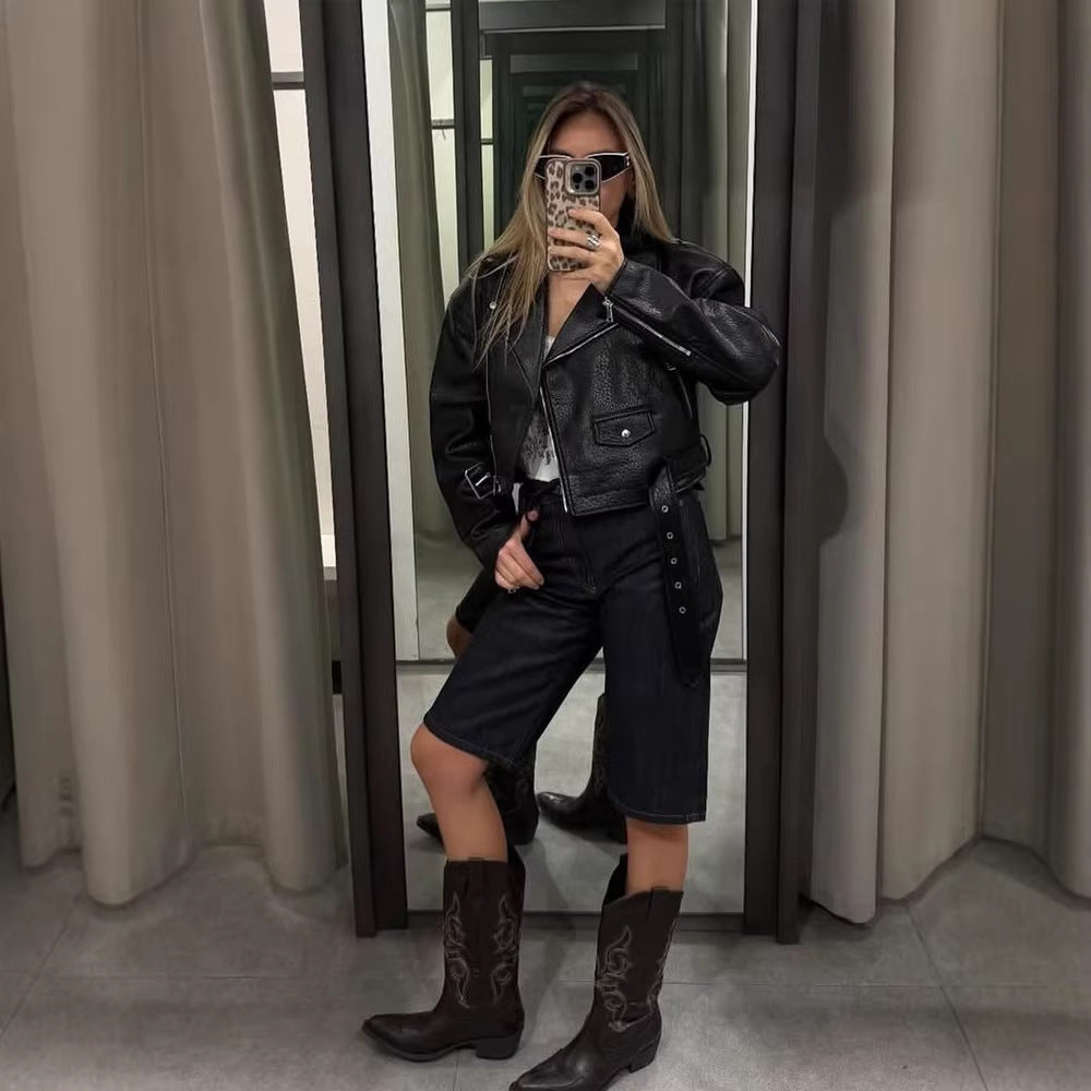 Damen Kurze strukturierte Bikerjacke aus Lederimitat Drune