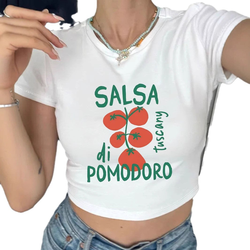 Damen Crop-Top mit kreativem Tomatenmotiv und witzigem Schriftzug Drune