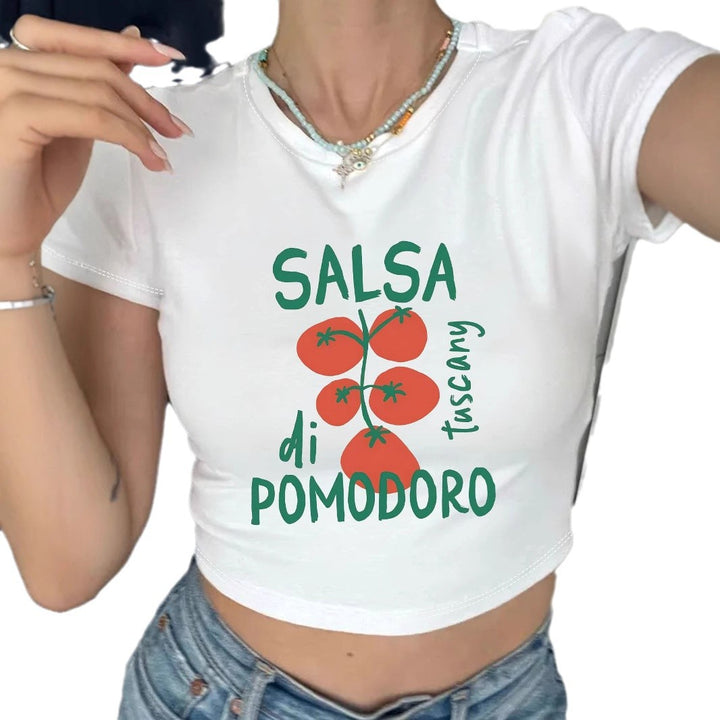 Damen Crop-Top mit kreativem Tomatenmotiv und witzigem Schriftzug Drune