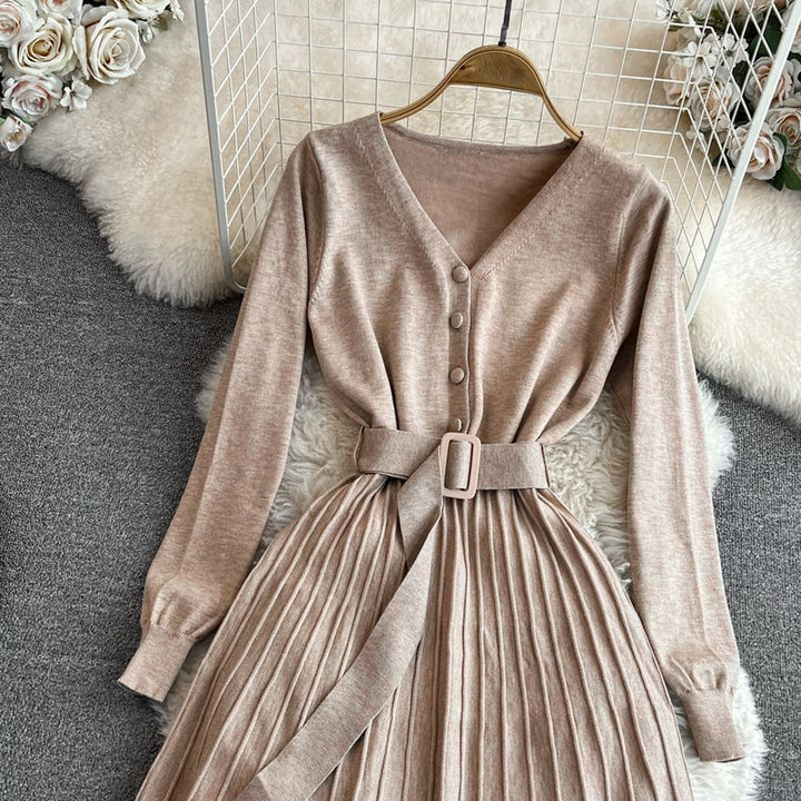 Damen Plissiertes Kleid mit Gürtel und V-Ausschnitt Drune