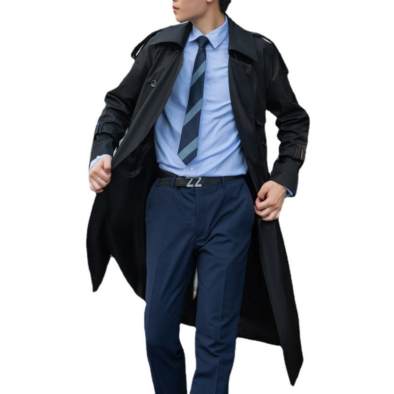 Herren Eleganter langer Trenchcoat mit Bindegürtel und Rückenpasse Drune