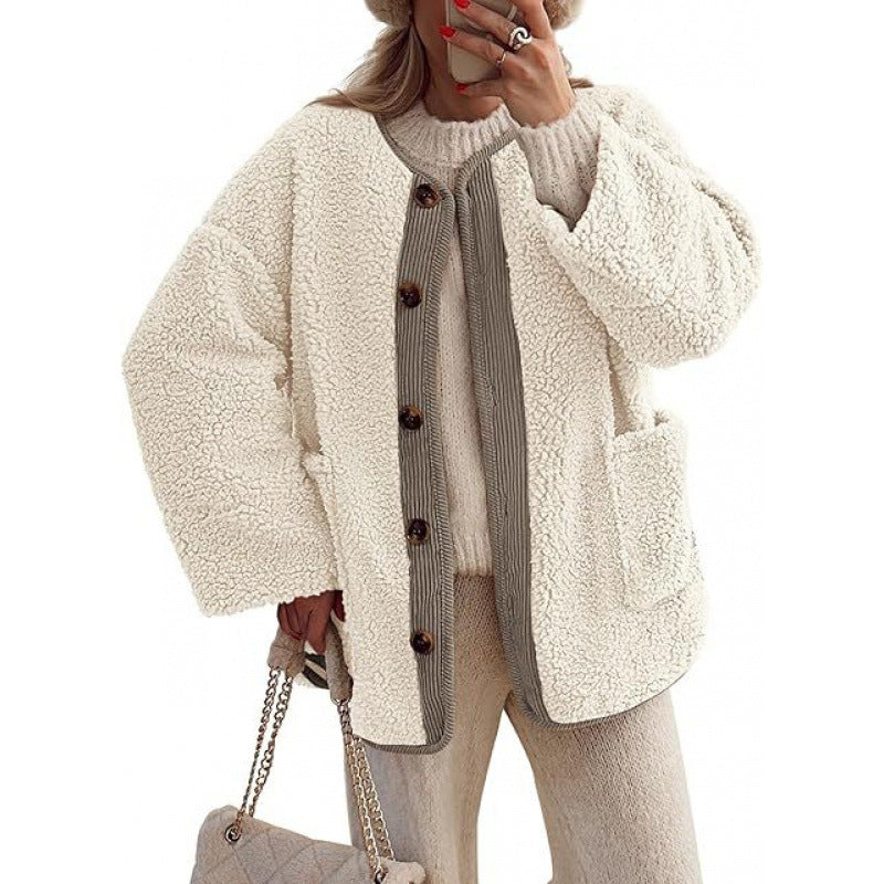 Damen Kuschelige Teddyjacke mit Knopfverschluss und aufgesetzten Taschen Drune